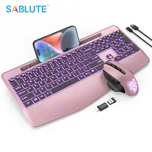 SABLUTE KM22 Wireless Keyboard & Mouse Combo with 7 RGB Backlights, Rechargeable, Wrist Rest, LED Mouse, Phone Holder, Silent Typing, 2.4 GHz, 24-Month Warranty(non-bluetooth)