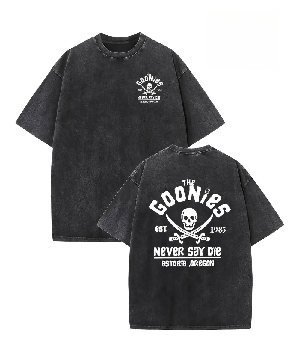 Goonies Vintage Oversized Round Neck Short Sleeves Menswear T-Shirt - Unisex Acid Wash Soft Cotton Loose Top, All Seasons Casual Sports Outdoor Biking Wear