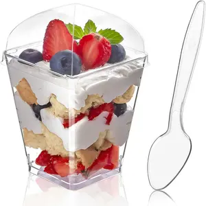 150-Piece Banana Pudding Dessert Cups Set, Disposable Cups, Plastic Party Cups, Includes 50 x 5oz Clear Plastic Parfait Cups, 50 x Dome Lids, 50 x Spoons for weddings, Christmas, birthday parties & holidays Perfect for puddings, fruits, mousses, snacks