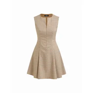 Cider Houndstooth Half Zip Tie Back A-line Mini Dress Dealsforyou