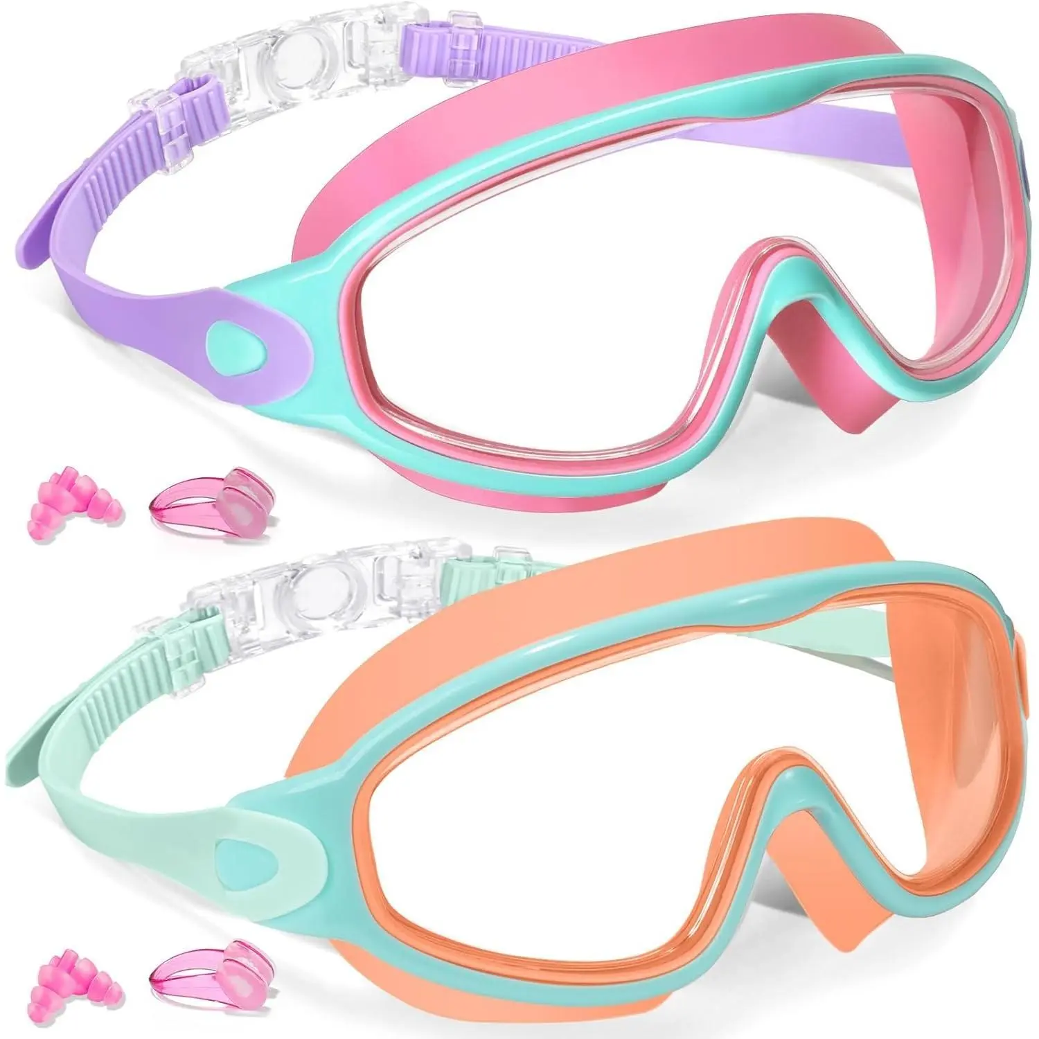 2 Pack Kids Swim Goggles for 3-15 UV Protection Anti-Fog Pool Water, Swimming Goggles with Earplugs Nose Clip For Boys Girls Youth Toddler Swim Glasses Swimminggoggles