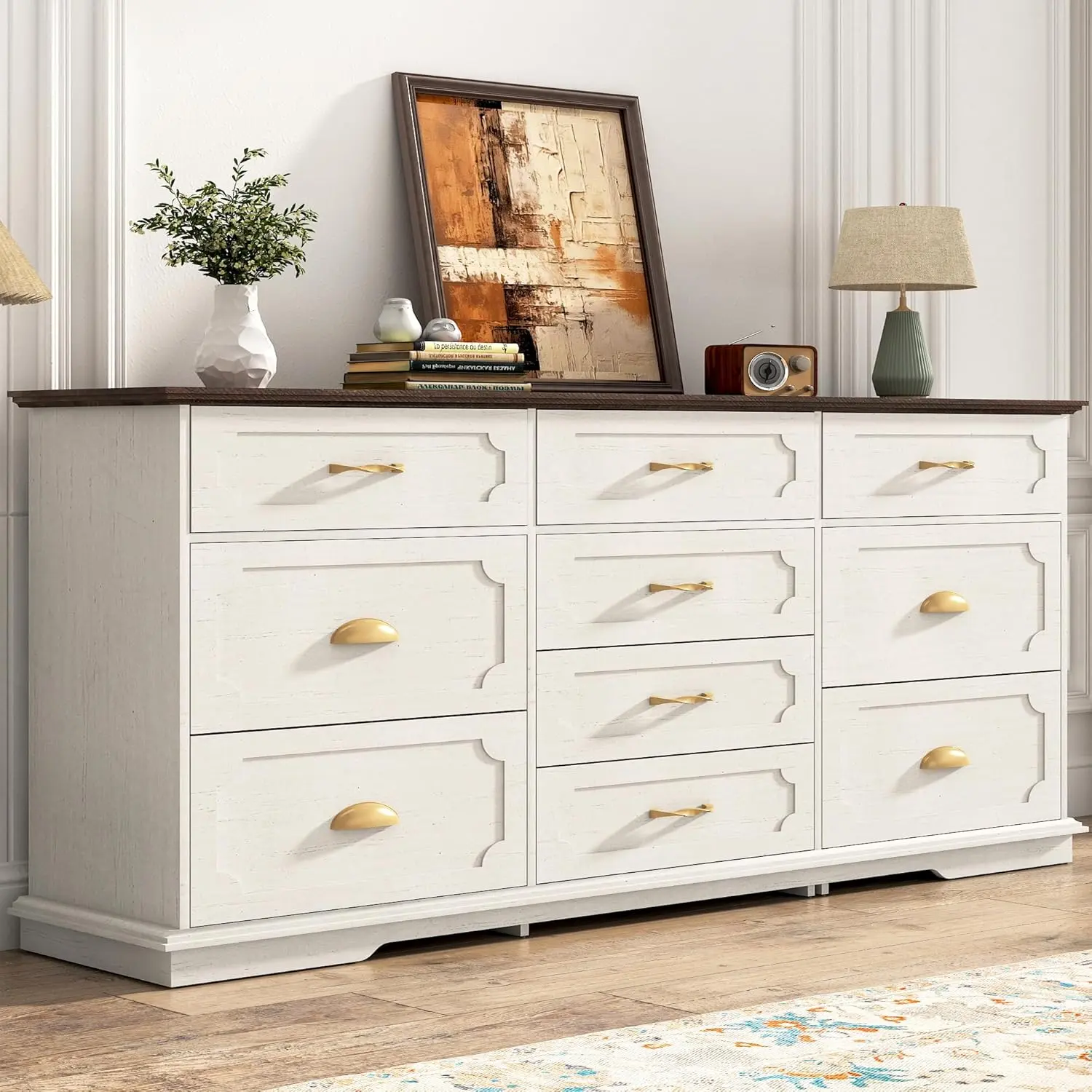 70inch Large Long Dresser w/Charging Station,10 Drawer Dresser w/Deep Big Drawers,Wooden Chest of Drawers w/Power Outlet,Brown Dressers for Bedroom,Living Room,Entryway