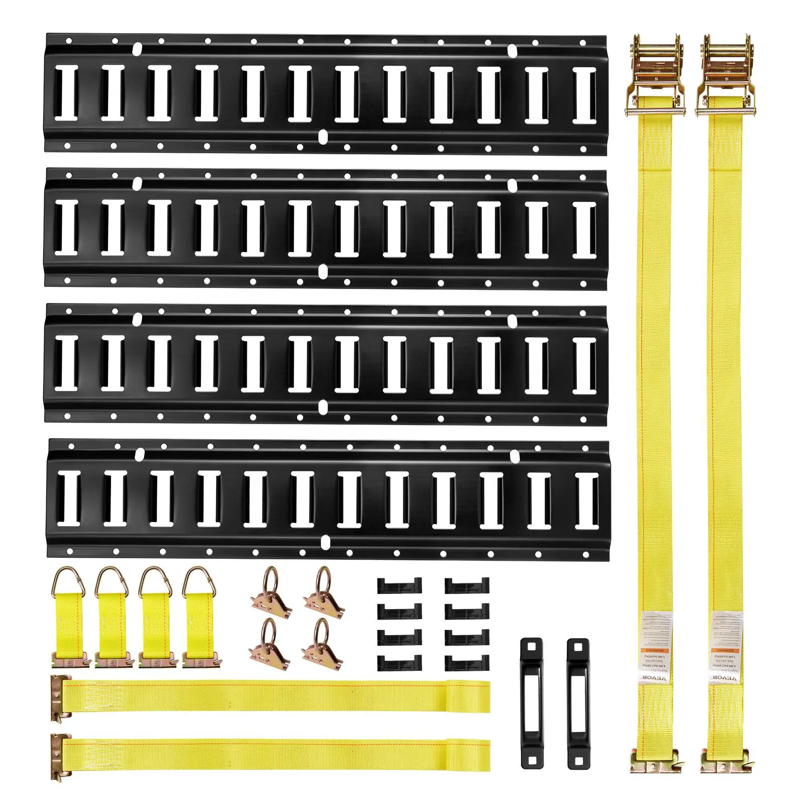 【summerfinds】VEVOR E-Track Tie-Down Rail Kit, 4 Pack 2 ft E Track Rails, 20 Pcs Includes 2 Ratchet Straps & 4 O-Rings & 4 Tie-Offs with D-Ring & 2 Single Slots & 8 End Caps, Fit for Garages Vans Trailers