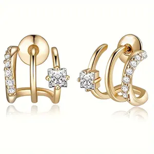 Exquisite Minimalist Women's Three Claw Curved Zirconia Earrings Personalized Curved Three-claw Diamond Stud Earrings Hollowed Chic C-shaped Design Earrings Wedding Party Gift