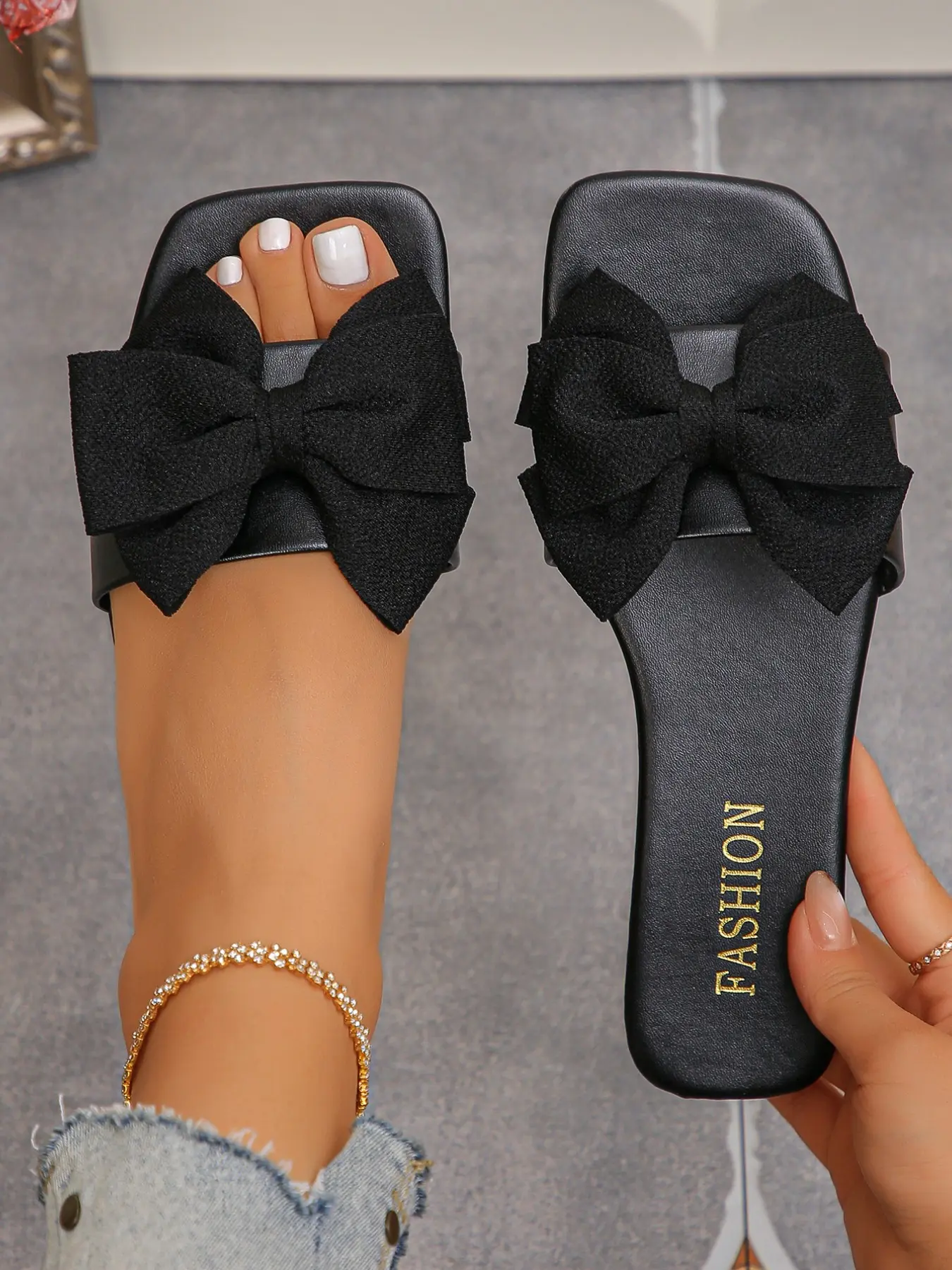 Women's Bowknot Decorated Slip-On Flat Shoes, Bohemian Style Daily Wear Casual Trendy Sandals, Lightweight Anti-Slip Summer Beach Casual Home Slippers, Boho Style Sandals