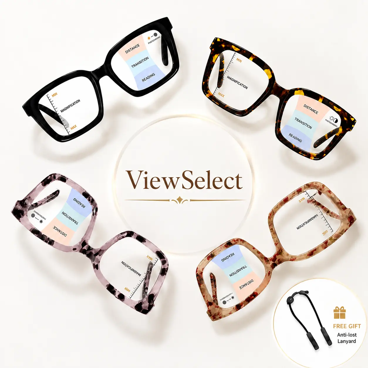 ViewSelect Photochromic Multifocal Reading Glasses for Men & Women, Blue Light Blocking Progressive Readers with Anti-Lost Lanyard