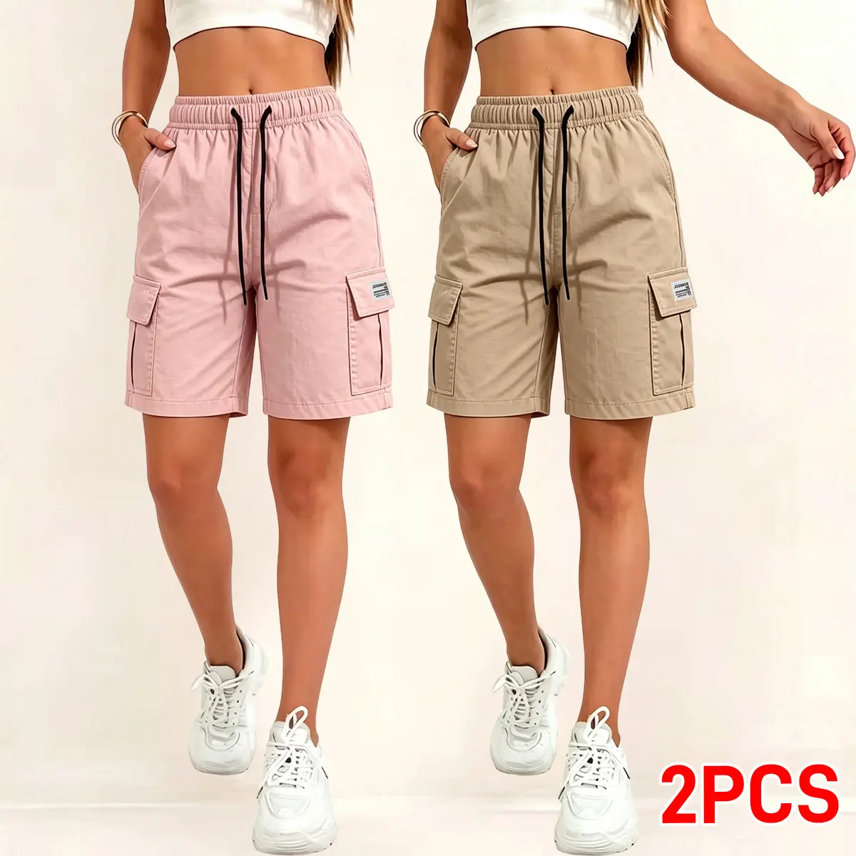 2-pack women’s lightweight quick-dry cargo shorts, loose fit with multiple pockets, mid-length design suitable for spring, summer, and autumn; ideal as outdoor casual wear and practical for everyday use.