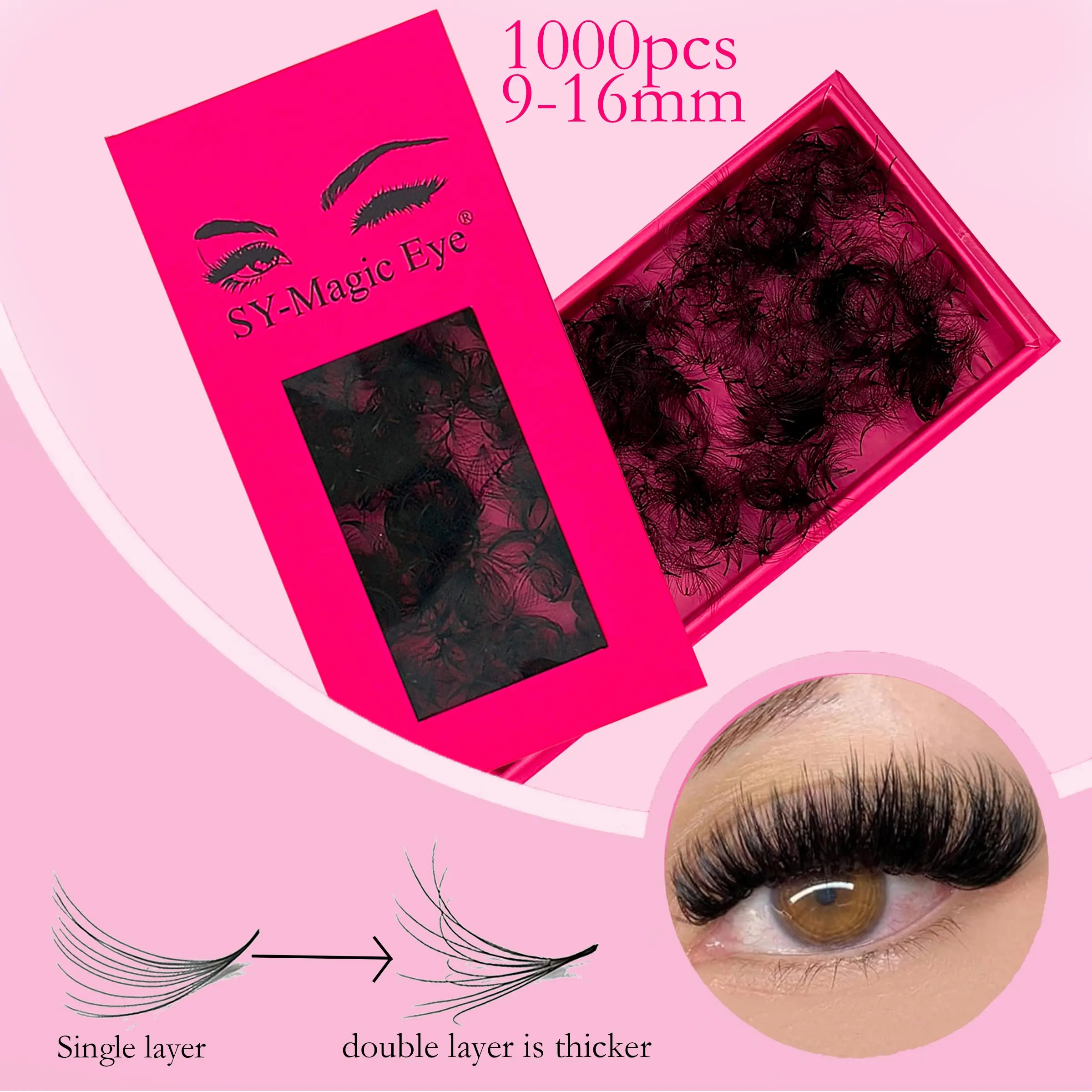 1000 Pcs Per box, 12D,Curl C+D, 9-16mm/Mix, Thickness 0.05mm,Double Layer, Cluster eyelashes, Fluffy Eyelashes Cluster, Premade Fans Eyelash Extensions, Party and Travel, Hand-grafted false eyelashes