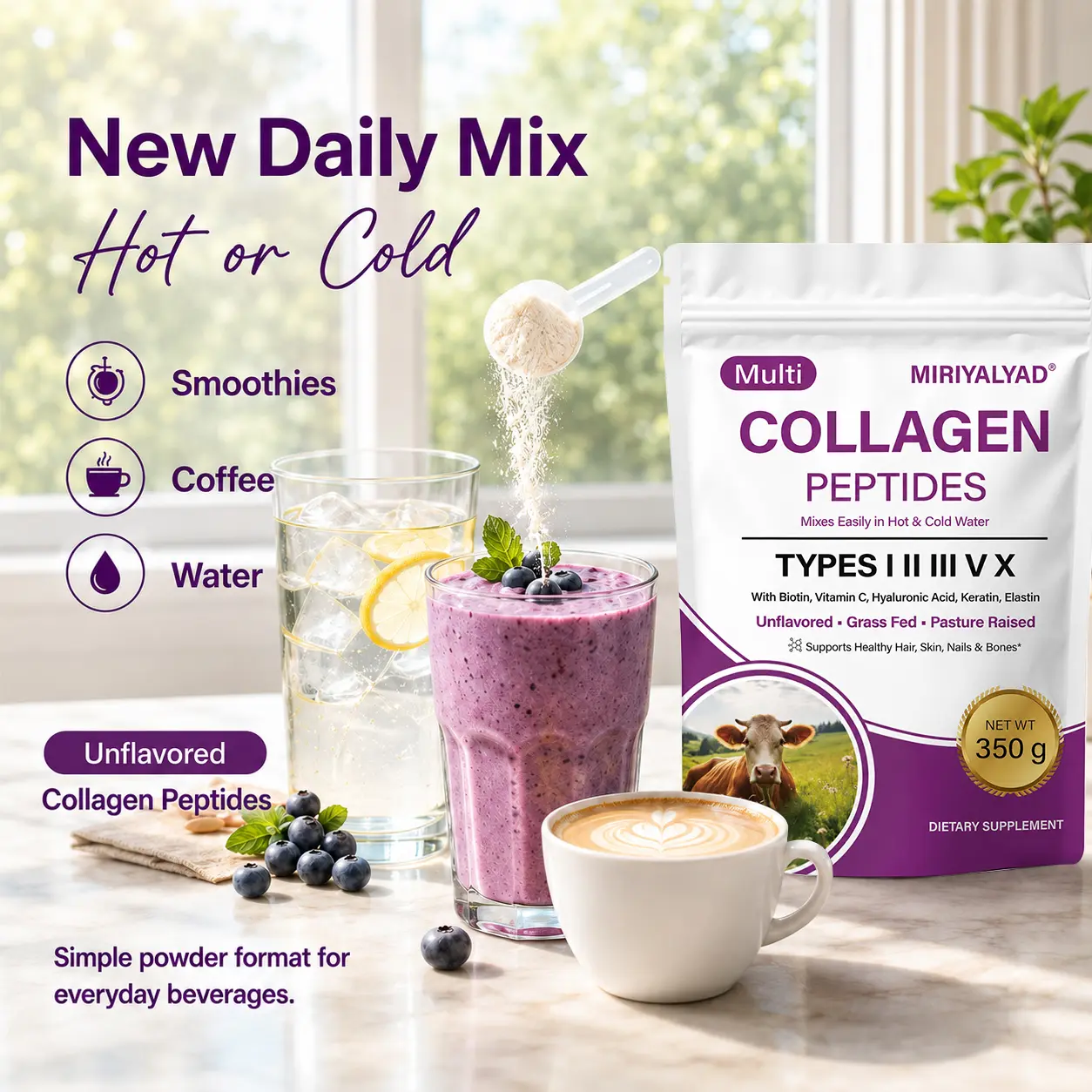 Collagen Peptides Powder 350G, Multi Collagen Complex Types I II III V X, Unflavored Hydrolyzed Collagen Protein Powder with Biotin, Vitamin C Acid & Vitamin D3, Easy Daily Mix Supplement, Vitamins And Supplements