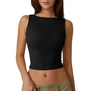 QINSEN Women's Sexy Open Back Sleeveless Crop Tank High Neck Slim Fit Cropped Tee Shirt Y2k Tops Comfort Fabric