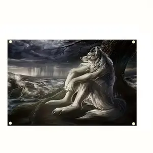 Lonely Wolf Flag 150x90cm Multifunctional Indoor Decoration, Durable Polyester Fiber, No Battery Needed, Four Rivet Holes, No Drilling Required, Wall Hanging Tapestry