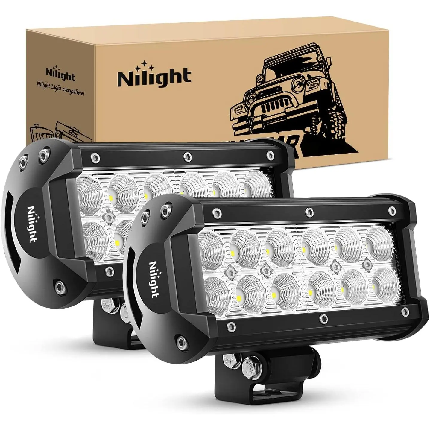 Nilight 2PCS 36W 6.5-Inch Flood LED Light Bars - Aluminum Housing, Wide Left/Right View, 2800lm, -40~85°C, Salt Spray Tested, Mount Included, Off Road Fog & Work Lights for Trucks, Boats