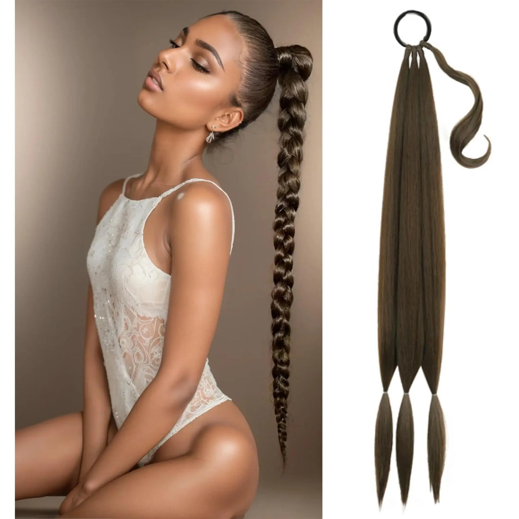 32 inch Braid Ponytail Extension Long Braid Hair Extension with Hair Tie Straight Wrap Around Natural Synthetic Hairpieces for Women Girls Daily Party Use Braided Ponytail Extension