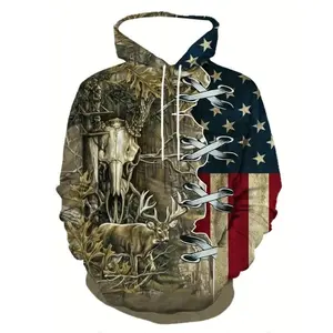 S–5XL 3D Men’s Deer and American Flag Print Hoodie, Autumn/Winter Fashion Casual Hoodie, Men’s Wear GARMENTARY