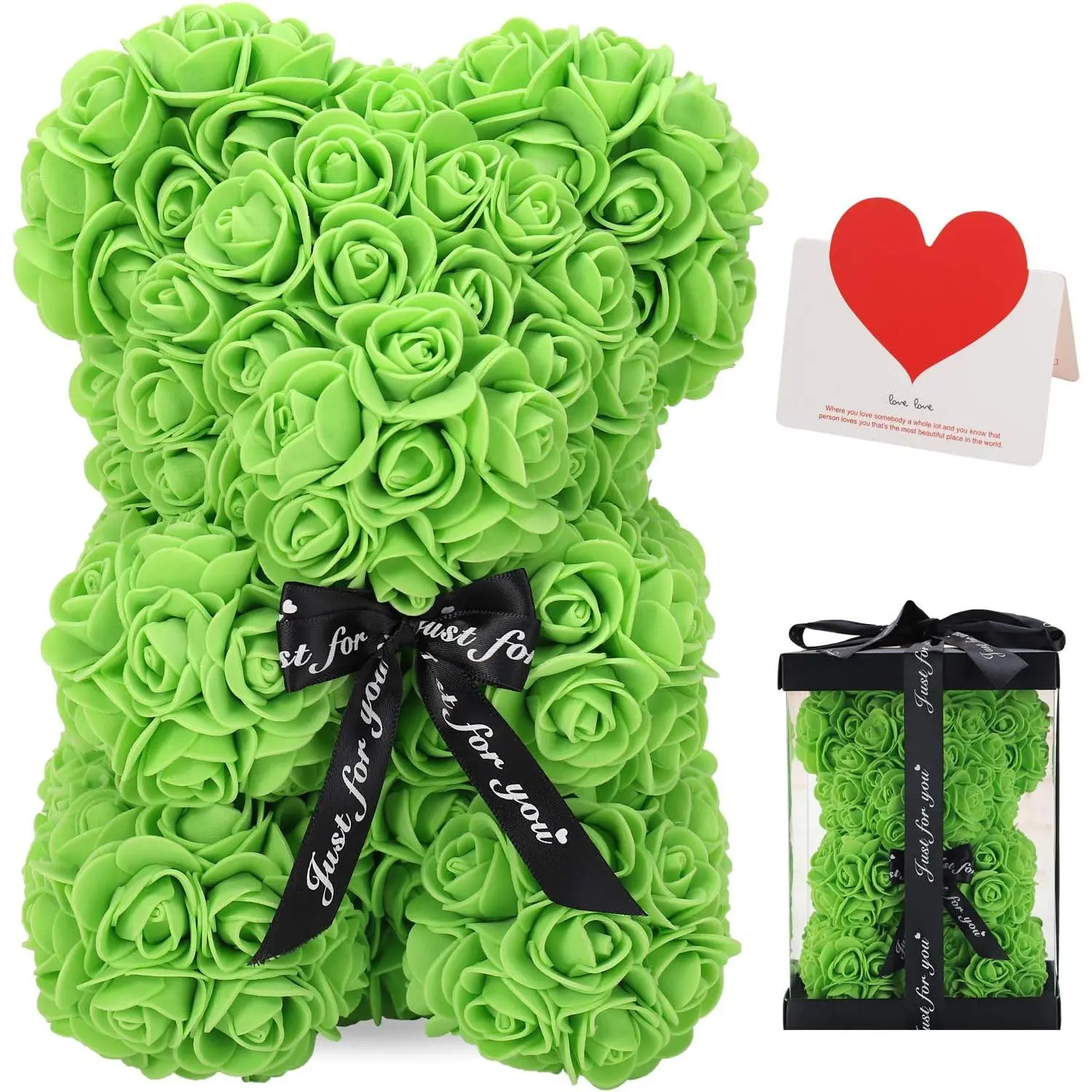 LINKLO Rose Bear Rose Teddy Bear -10 inch Artificial Rose Flower Bear,  for Valentines Day, Wedding, Mothers Day and Anniversary, Including Transparent  Box (Green)...