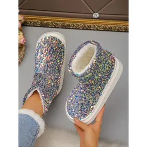 Women’s thick-soled sequined snow boots with a colorful sequin design, fashionable and warm multifunctional winter shoes with plush lining, New Year style
