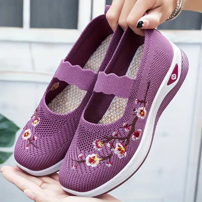 Women's Floral Embroidered Mesh Mary Jane Footwear - Breathable Soft Wedge Slip-On Shoes, Hook-and-Loop Closure, Active Daily Wear All-Season Casual Walking Sneakers, Slip On Shoe
