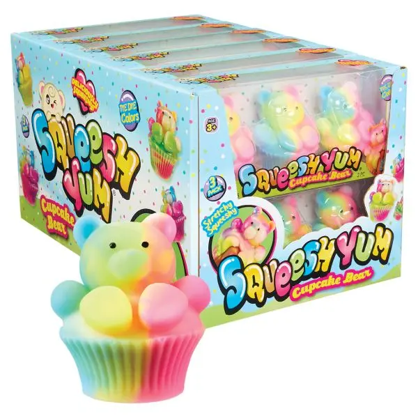 JA-RU Jumbo Squeesh Yum Cupcake Bear 3-Pack Unisex Sensory Fidget Squishies, Soft Stretchy Plastic Tie-Dye Assorted Collectible Toy for Creative Play, Ideal for Beach Shops & Toy Stores