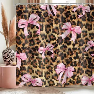 Pink Bow Leopard Print Shower Curtain, 71 x 71 Inch Retro Brown Fashion Girly Sweet Cloth Fabric Waterproof Polyester Bathroom Supplies Home Decor Curtain with Hooks