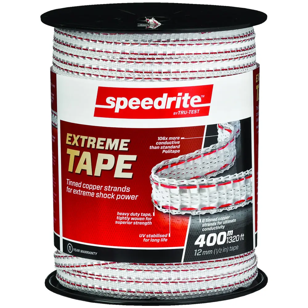 Speedrite SP052 Extreme White Poly Tape - 1320 ft x 0.5 in Large Roll Temporary Fence Tape, 105x More Conductive, Extra Strong, Increased Shocking and Stopping Power for Outdoor Animal Control
