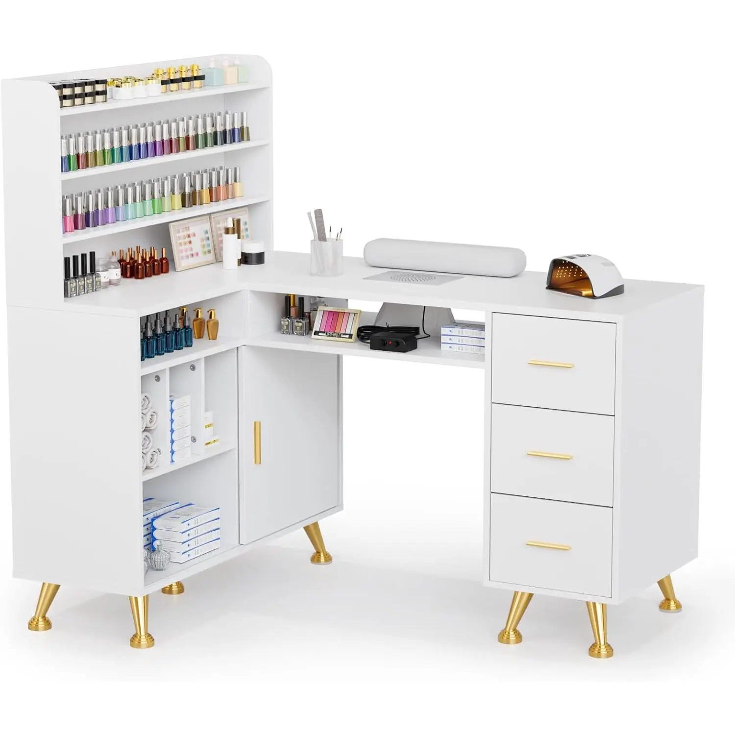 OmySalon L Shaped Manicure Table with Dust Collector, 52" L Corner Nail Desk for Nail Techs, w/Polish Display Rack Arm Rest, Acetone Resistant Top, Drawer and Cabinet Storage, for Nail Salon
