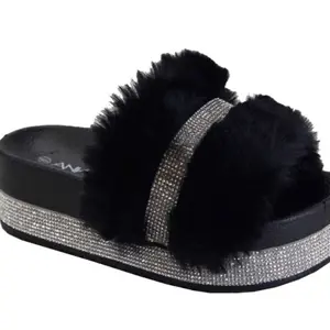 Black Furry Platform Slides with Black Strap and Silver Accents