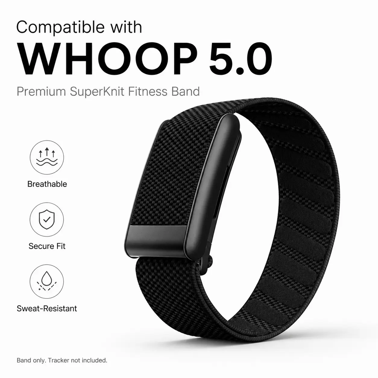 WHOOP 5.0 Compatible SuperKnit Replacement Fitness Wristband - Breathable, Sweat-Resistant, Adjustable Secure-Fit Wearable Accessory for Gym, Running, Daily Wear, Black, Band Only (Tracker Not Included), Accessories