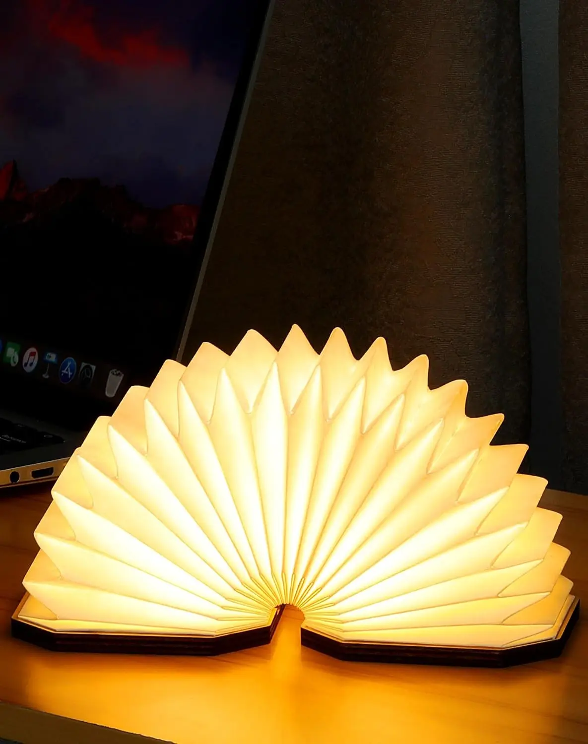 Folding Accordion Lamp Japanese Gift LED Paper Lantern Portable Wooden Table Lamp Creative Japanese Paper Light with USB Home Bedroom Library Decor (Walnut)