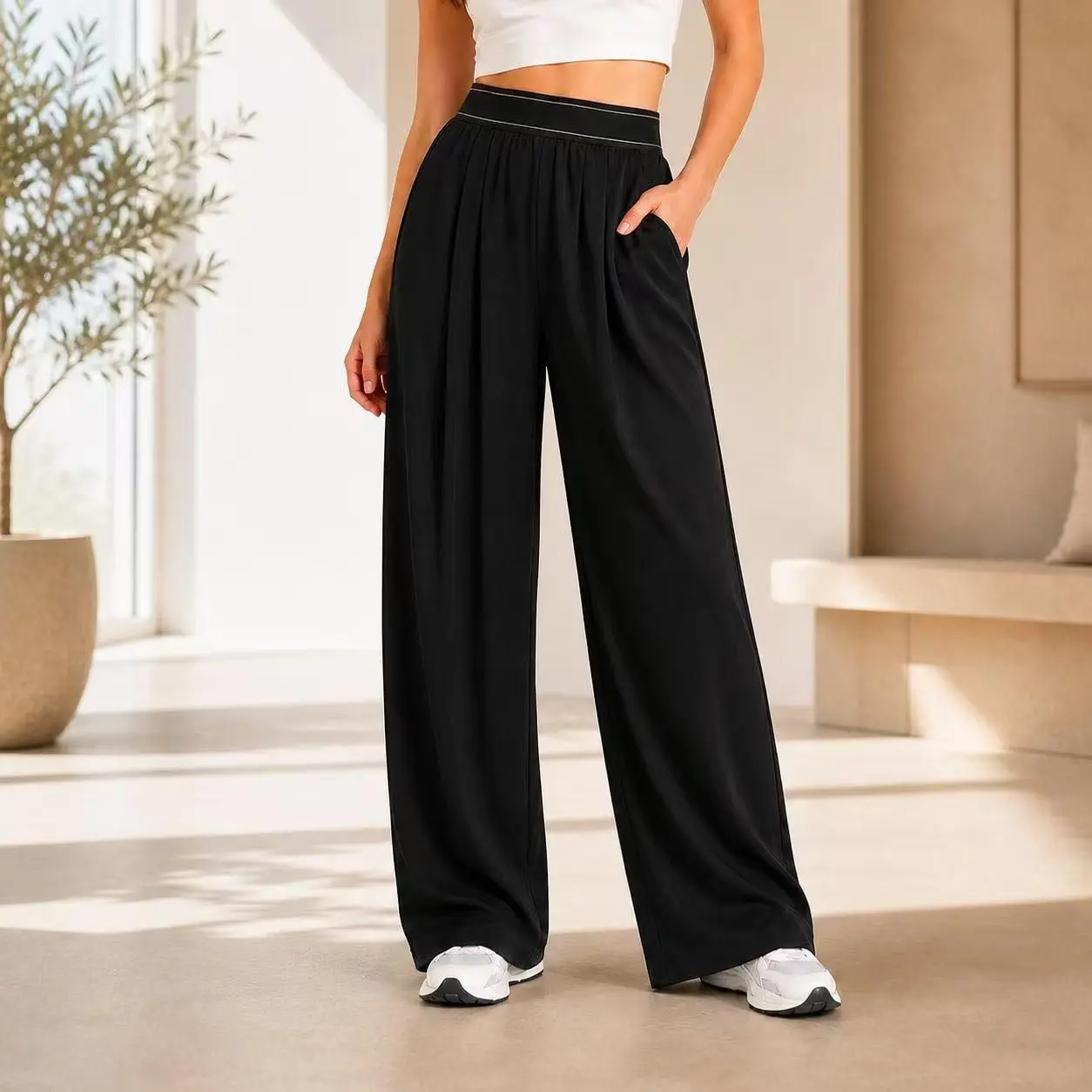 Women's High Waist Casual Yoga Pants - Lightweight, Loose Straight-Tube, Quick-Drying, Breathable, Contrast Stitch Trousers for Gym/Street, Plus Size Activewear with Butt-Lifting Design natural fitness cycling lounge Waisted Yoga Bootcut Legging wide leg