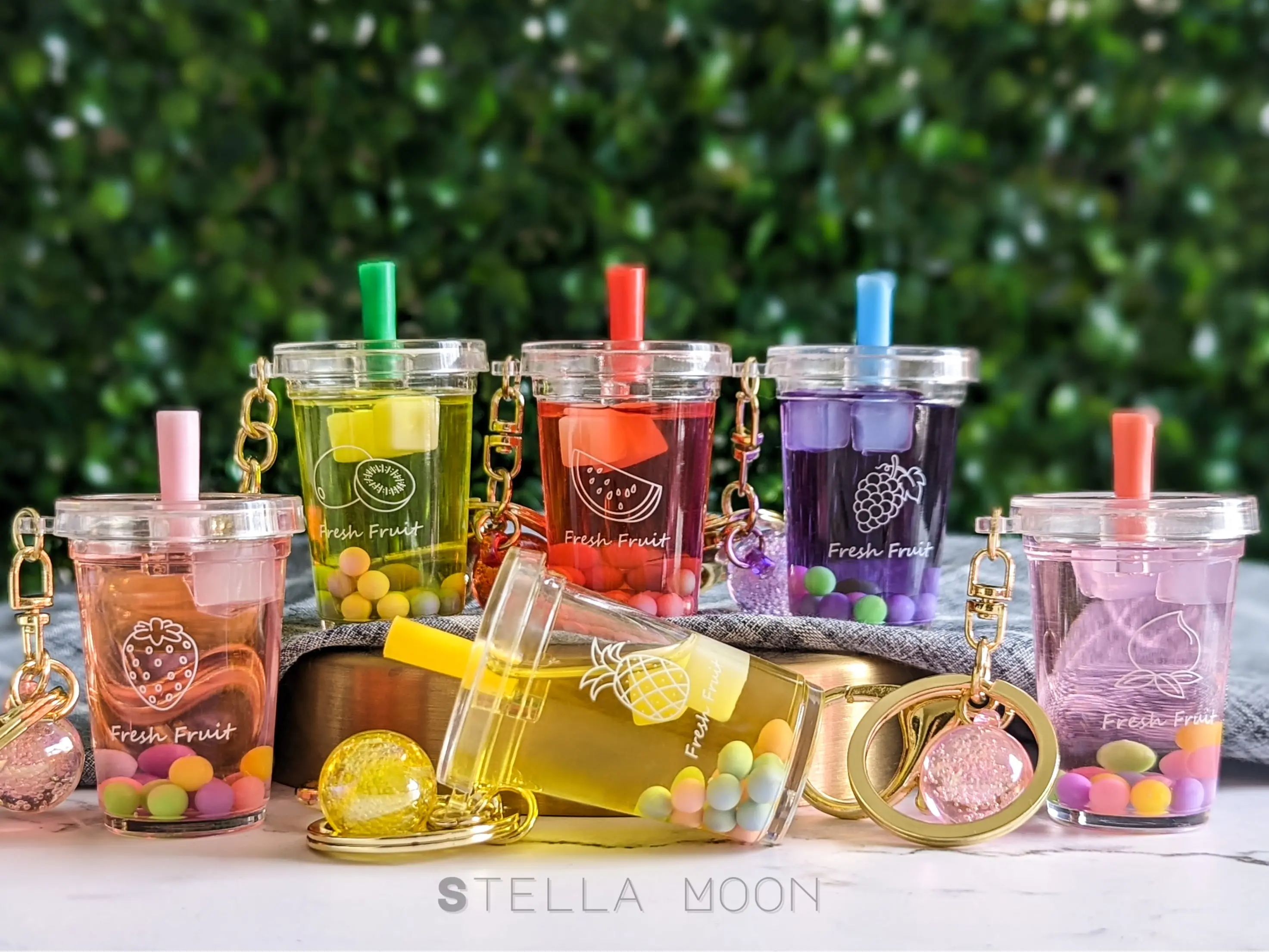 Fruit Liquid Keychain, Fresh Key Charm, Drink Design, Peach Accessory, Strawberry Boba, Grape, Kiwi Juice, Watermelon, Pineapple, Gold Ring cute keychain