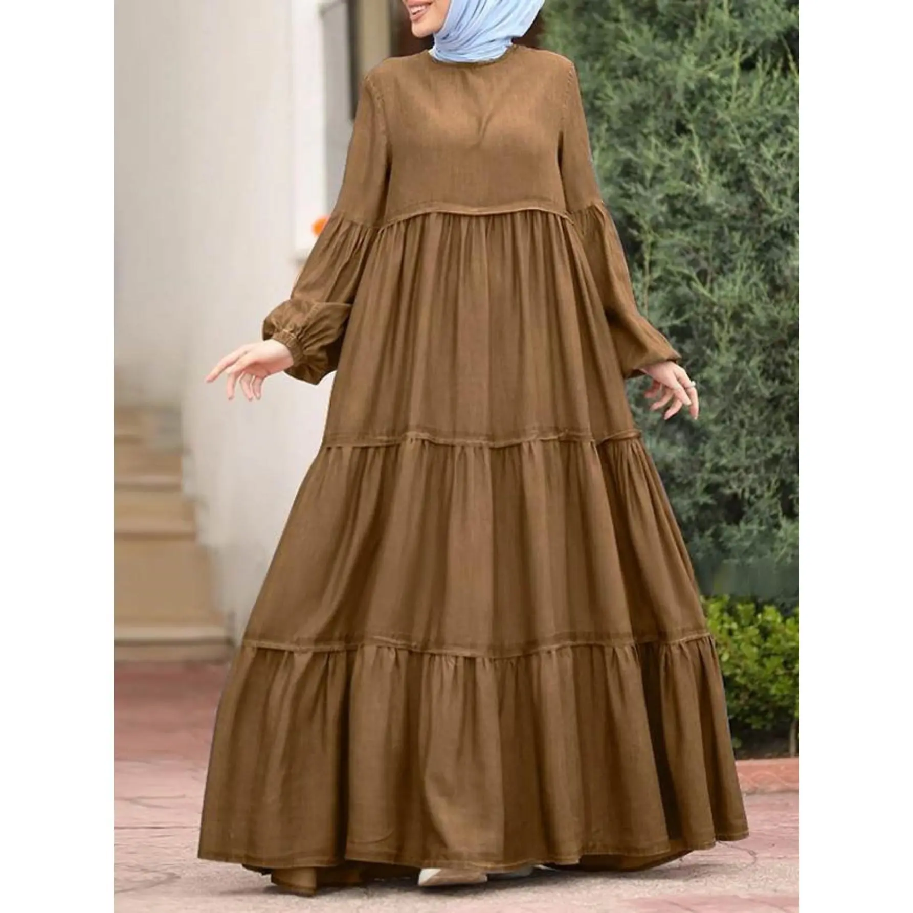 Plus Size - Plus Size - Women'S Loose Fit Muslim Dress with Ruffled Round Neck And Long Sleeves - Casual Plus Size Tiered Maxi Dress