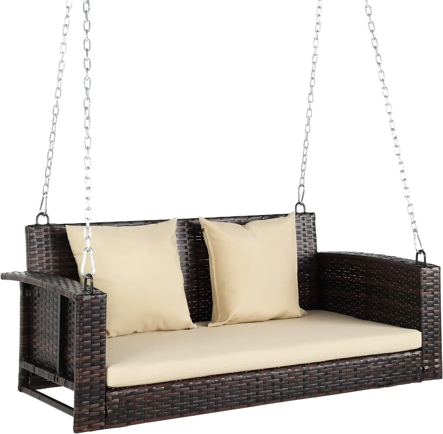 VINGLI Heavy Duty 800 LBS Wicker Hanging Porch Swing with Cushions & Chains, 4/5FT Outdoor Rattan Swing Bench for Garden, Yard, Lawn
