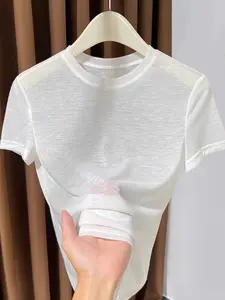 New Transparent Mask Top Short Sleeve Inner Layer Casual Summer Small Round Neck Thin T-Shirt for Women, Stylish and Comfortable
