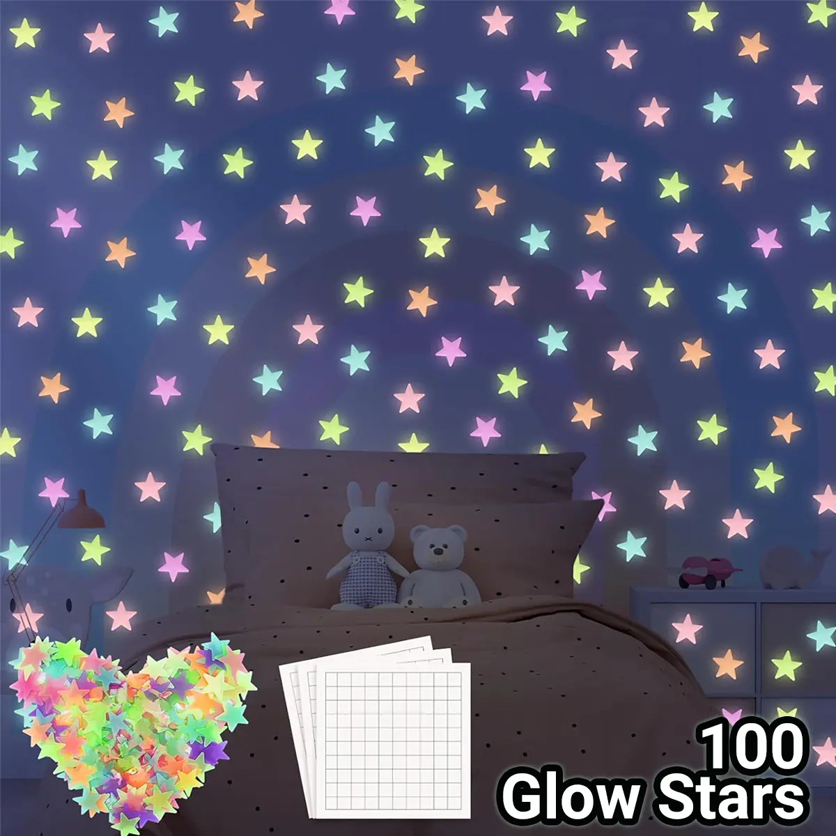 100pcs Glow in The Dark Stars Wall Stickers - Luminous Ceiling & Wall Decals for Kids Bedroom Decor, Mix Colors, Fluorescent Night Light