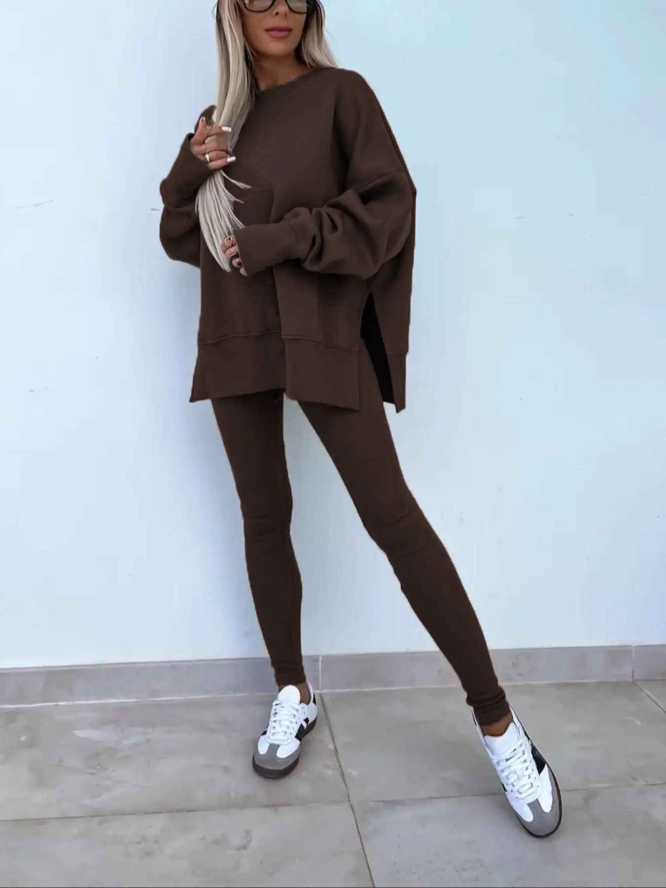 2026 Women's Oversized Basic Loungewear Set - Crewneck Sweatshirt + Ribbed Leggings Bottoms, Soft Cozy 2 Piece Outfit Casual Loungewear Outfits Womenswear for Casual Daily, Street Style & Athleisure, Sage Green