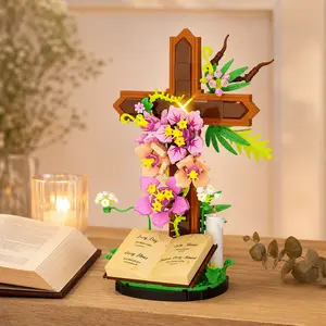 Jesus Cross Bouquet Building Set, Faith-Inspired Floral Block Kit Symbolizing Love, Hope & Resurrection, Memorial Display & Gift for Christian Believers, 363 PCS