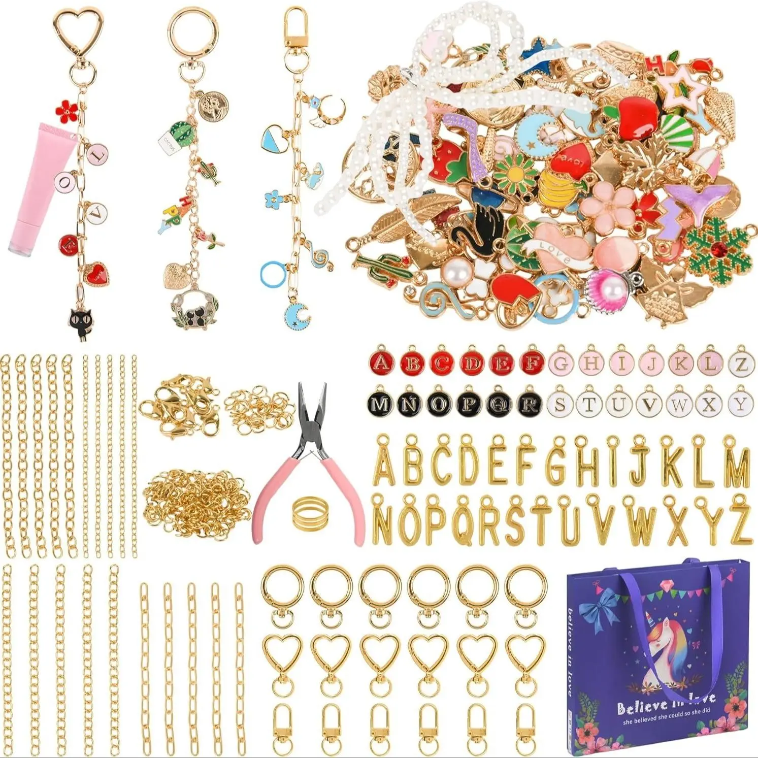 319 Piece Lipstick Keychain Making Kit, Includes 18 Keychains, 20 Extender Chains, 117 Charms, 150 Jump Rings, Jewelry Clamp, DIY Craft Set, DIY With Charms, Diy Kits
