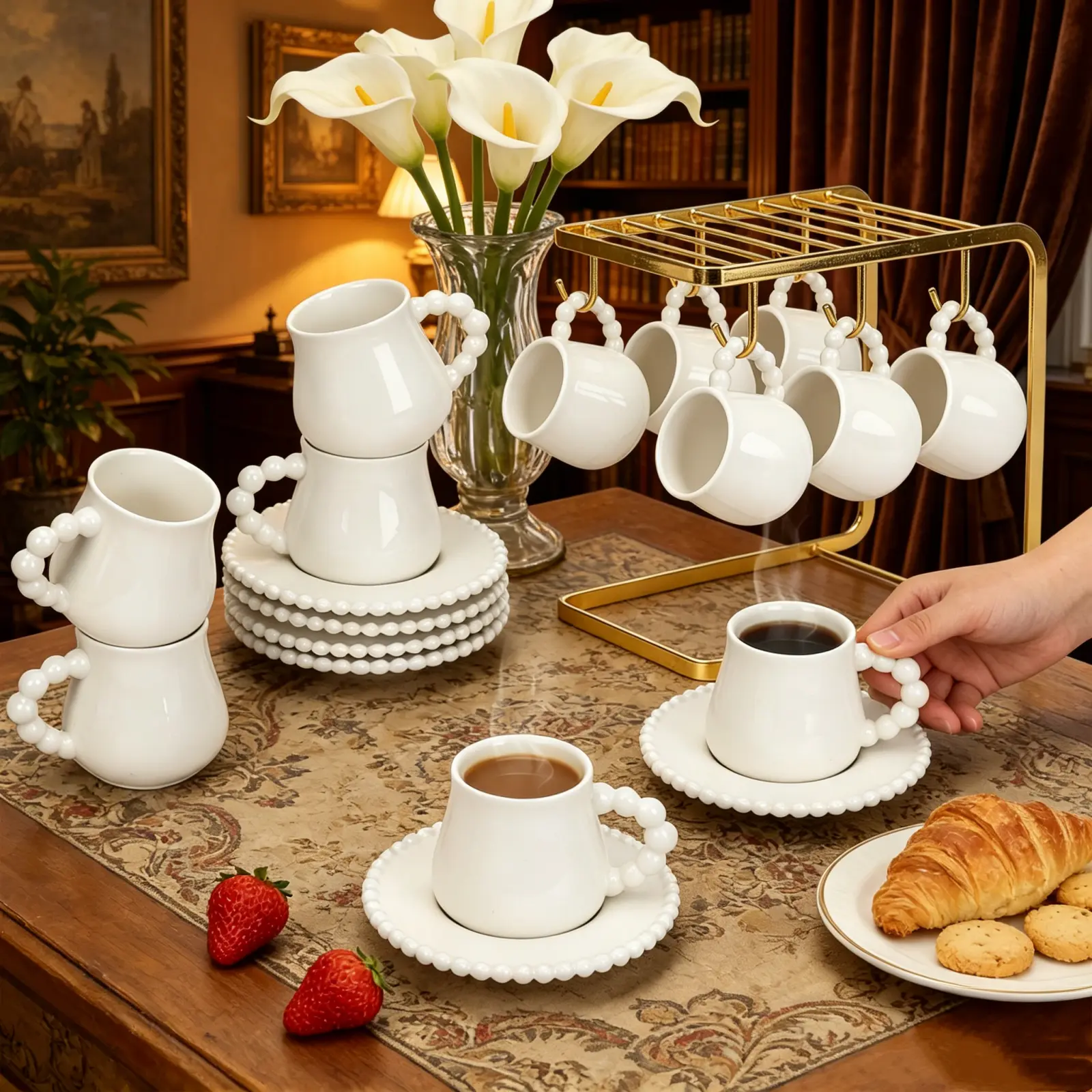 Coffee Cup Set of 6 with Saucers, 3.5 OZ Ceramic Espresso Cups, Elegant Deco Turkish Coffee Cup Gift for Cappuccino, Latte, Cafe Mocha and Tea, Dishwasher & Microwave Safe (Pearl White)