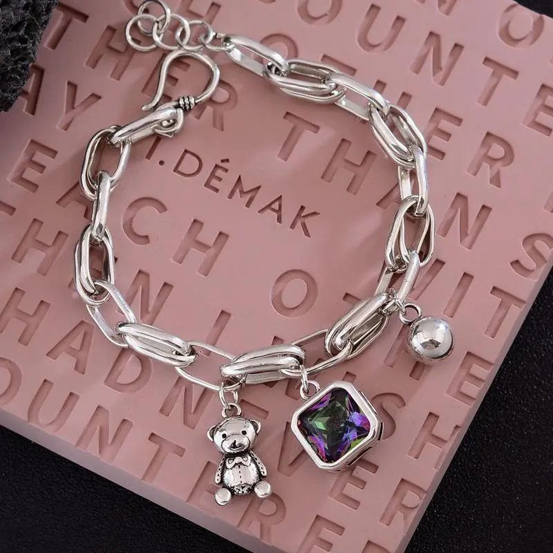 New Arrival 925 Sterling Silver Ladies Charm Bracelet - Sweet Little Bear Animal Design, Shiny Crystal, Jewelry for Women, Ideal Gifts, Charm Bracelets backtoschool