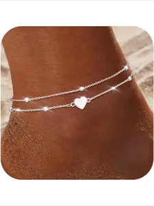 925 Sterling Silver Anklet Bracelet for Women Dainty Layered Waterproof Adjustable Silver Anklet Beaded CZ Cubic Zirconia Heart Charm Anklet Foot Jewelry