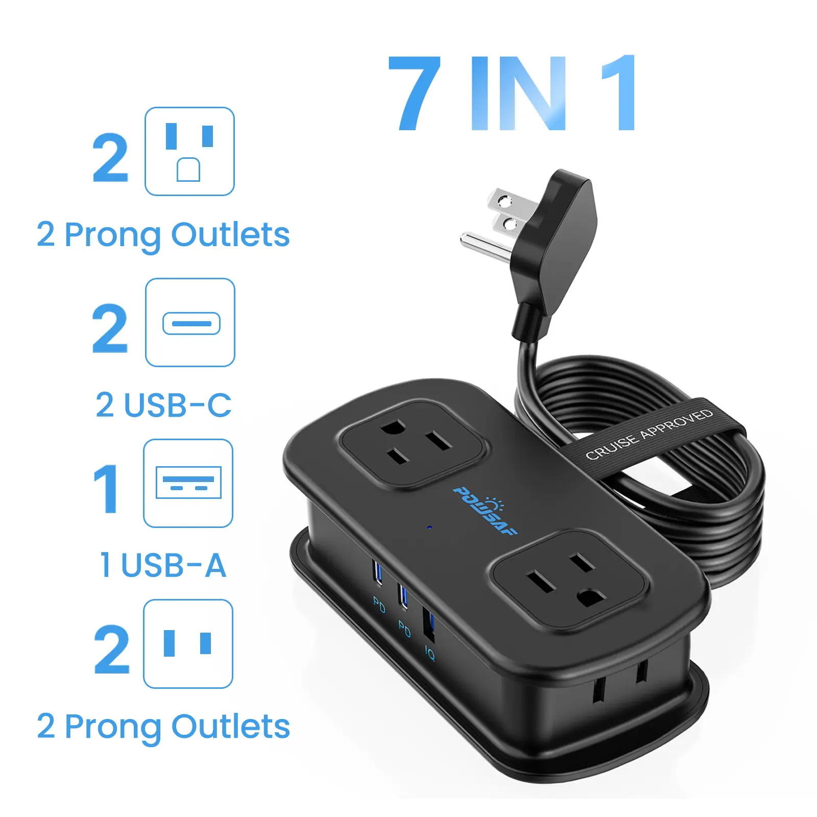 POWSAF 4 Ft Travel Power Strip Sockets - 4 Outlets, 3 USB Ports (2 USB C) Fast Charger, No-Surge Extension with Cord Wrap & Strap, Cruise Essentials for Hotel & Travel Use