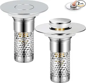 Pop-up Sink Stopper, 2-in-1 Drain Strainer with Hair Catcher, Stainless Steel Drain Filter, Bathroom Kitchen Shower Plug, Bounce Core Floor Basin Replacement