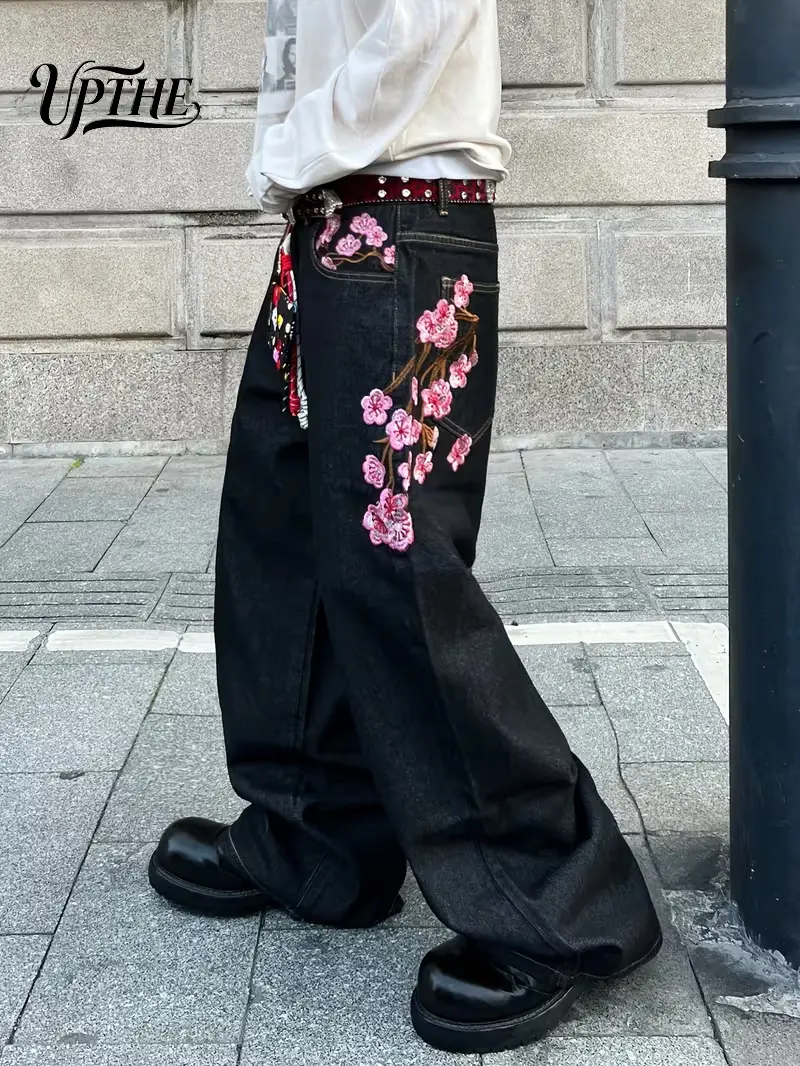 UP.THE Y2K Baggy Jeans Men's Wide Leg Hip Hop Vintage Floral Embroidered  Jeans Classic Quality with Button Detail