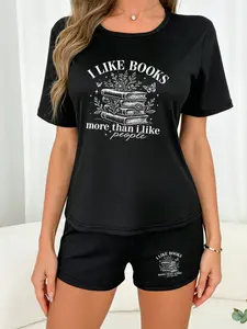 Women's Book Print Short Sleeve Pajama Set, Loose-Fitting Animal Pattern Casual Matching Sleepwear Loungewear, All Seasons Comfortable Nightwear Pjs Womenswear