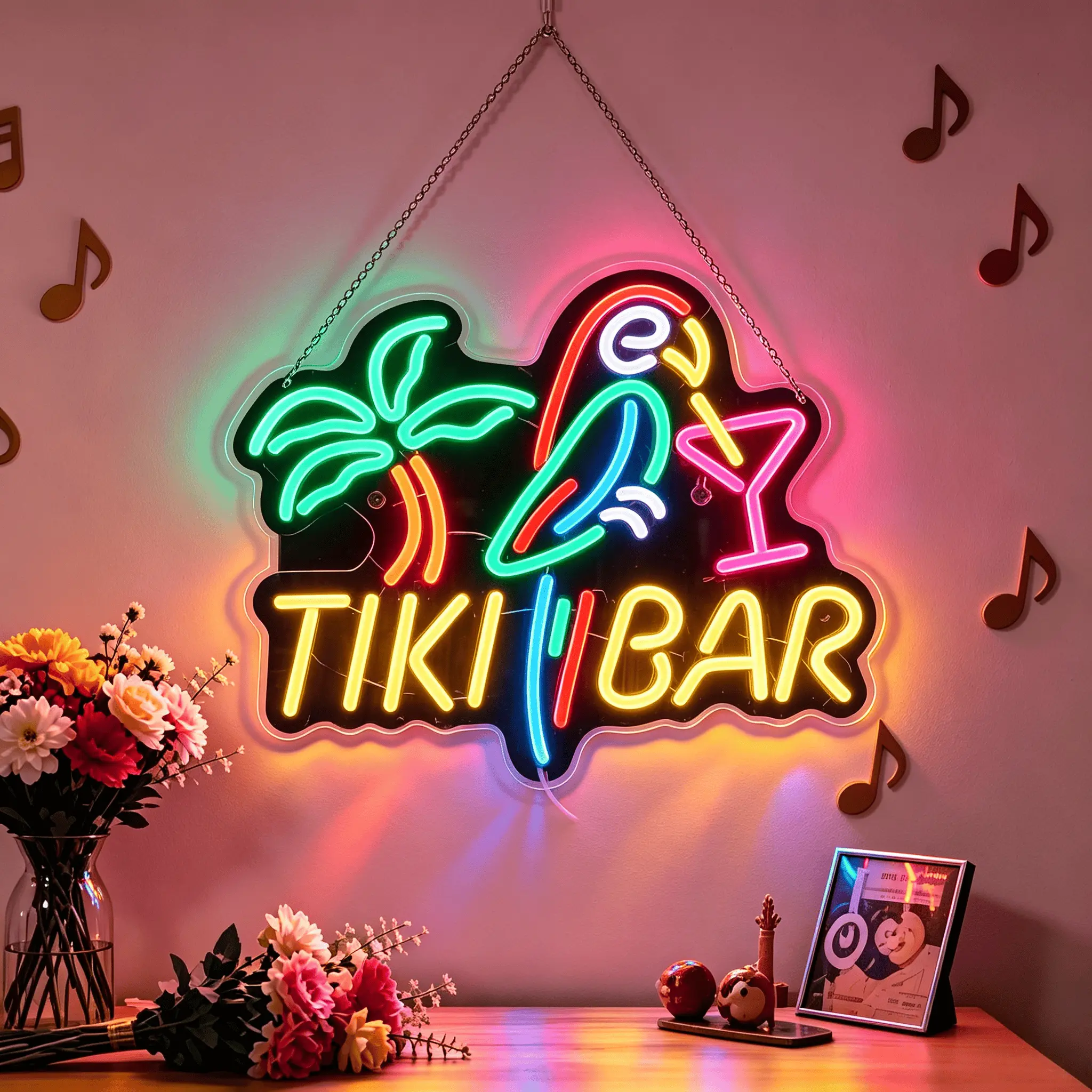 TIKI BAR Parrot Coconut Tree Cocktail Theme LED Neon Sign Multicolor USB Powered Light Wall-mounted Energy-saving LED Neon Light  Suitable for Tiki Bar, Family Bar, Tavern, Seaside, Pool Party, Tropical Theme Restaurant, christmas holiday decor landscape