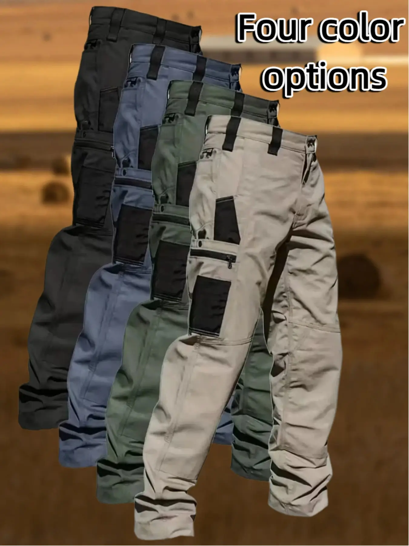 Men's Solid-Color Zipper Waterproof Tactical Work Pants, Multi-pocket design, Casual Trousers, athletic pants, Durable Multifunctional Pants, durable outdoor training pants, Suitable for work, hiking, sports, Regular fit for spring and fall