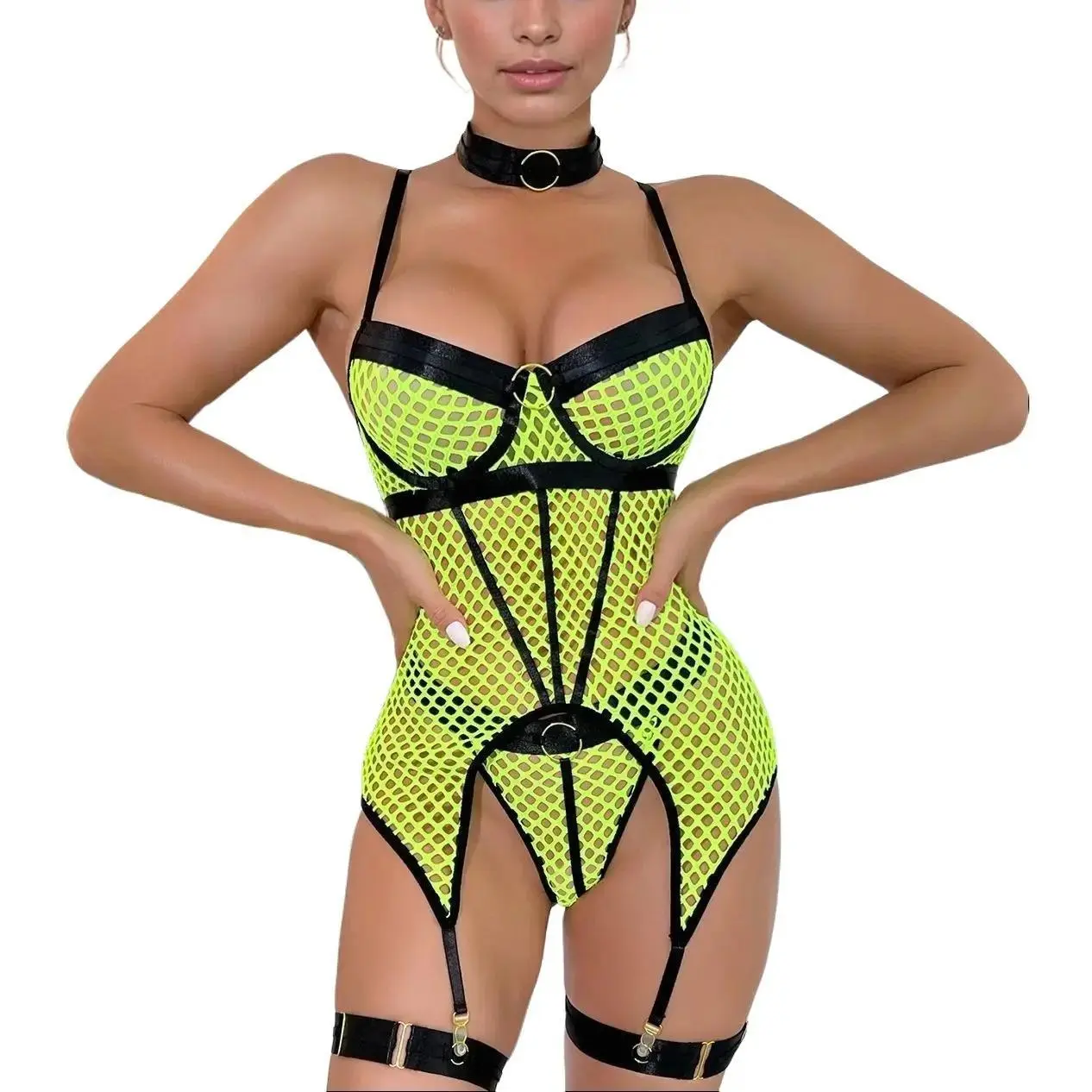 Avidlove Women's Soft Polyester V-Neck Fishnet Mesh Corset Bra Lingerie Set, 5-Piece Womenswear with Adjustable Straps, Leg Rings & Sexy Style