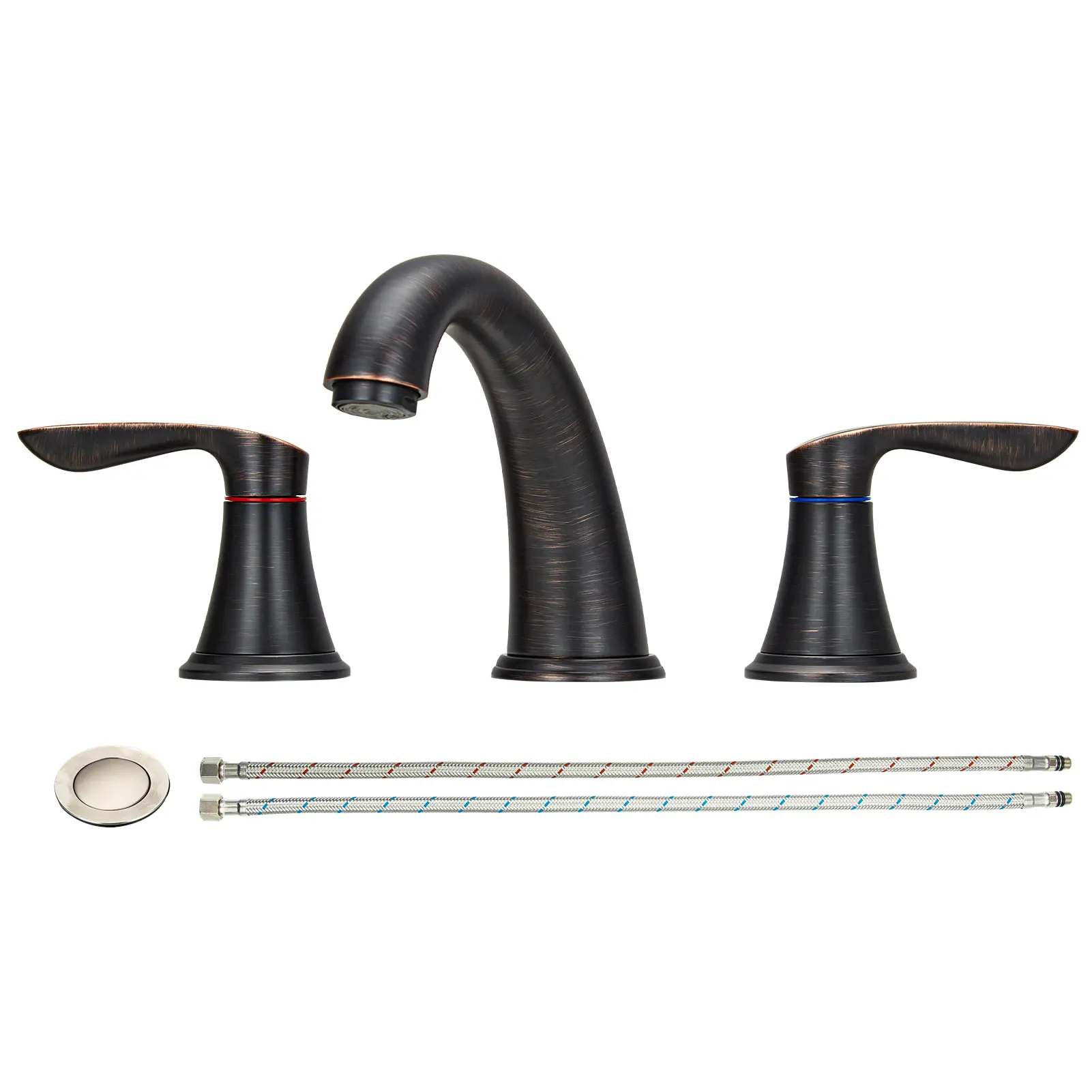 8-Inch Widespread 3-Hole Stainless Steel Bathroom Drain Faucet - Copper Core, Brushed Nickel Finish, Easy Cleaning, Quick Installation - Primary-Free Pop-Up Drain, All Necessary Hoses & Hardware, Hot/Cold Water Lines Included for Home Renovation