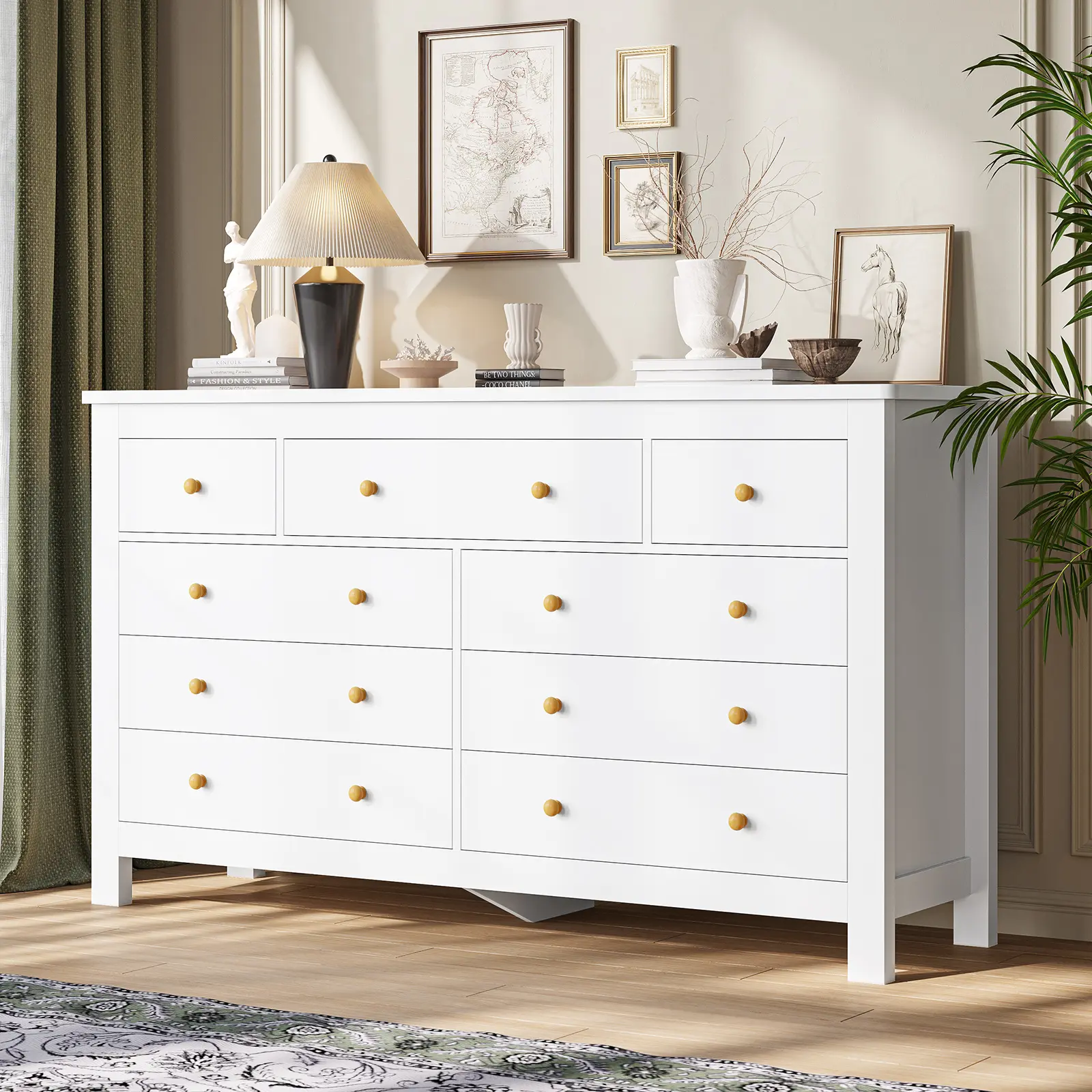Hasuit 55.1in Sturdy Modern Bedroom Dresser with 9 Drawers - White Finish, Solid Wood Handles, Large Capacity Chest of Drawers, Clothing Storage Furniture for Bedroom, Entryway
