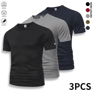 Men’s 3-piece set athletic casual short-sleeve T-shirts, solid-color sports wear, polyester knit fabric—cool and breathable, comfortable for all seasons, everyday wear | crew neck T-shirt